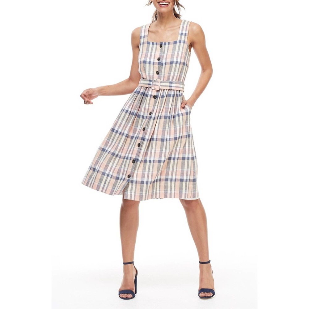 Gal Meets Glam Peyton Linen Plaid Dress.
